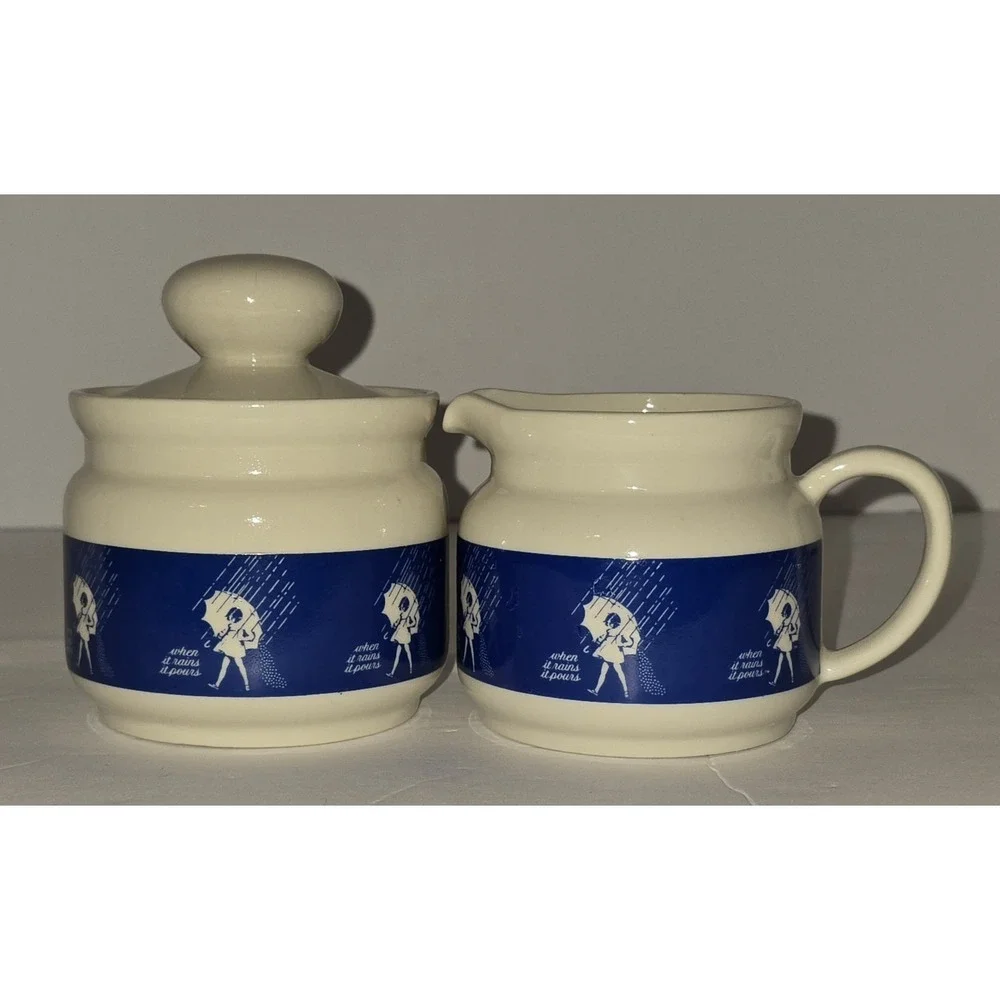 Morton Salt Vintage Cream and Sugar Set Collectible Umbrella Girl White Blue EUC